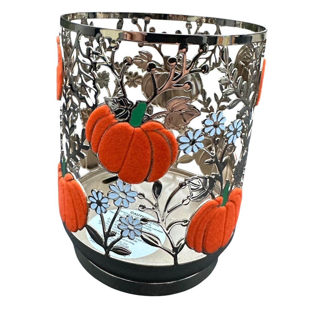 Bath & Body Works Pumpkin Floral Single Wick Candle Holder Sleeve Silver Orange